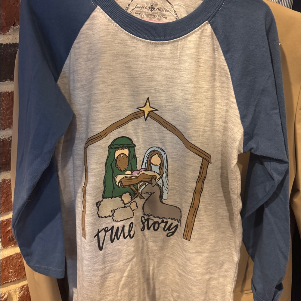 Anne Marie Blue and Gray Nativity Long Sleeve Tee